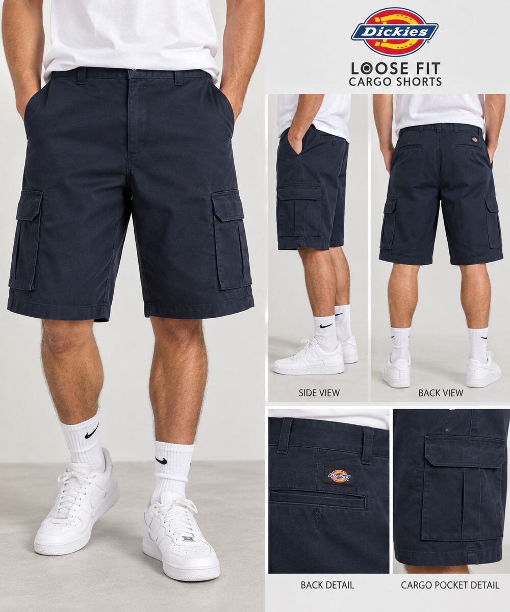 Dickies Loose Fit Cargo Shorts Mens 36 Navy Blue Baggy Workwear Utility Y2K